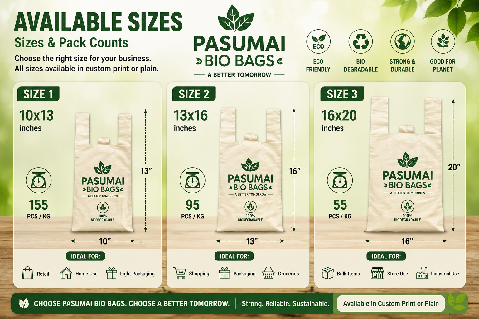 Pasumai Bio Bags Available Sizes and Pack Counts